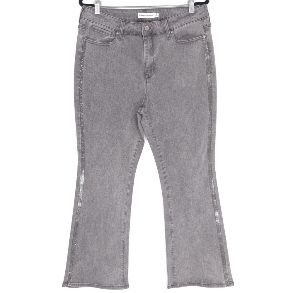 RM REBECCA MINKOF NWOT Gray Stretch Flare Bootcut Jeans Side Stripe Metallic 12 - Picture 2 of 13
